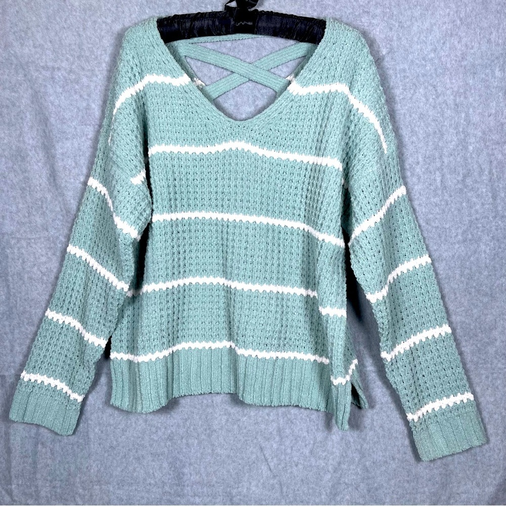 Moral Fiber NWT Chenille V-neck Chunky Knit Cross Back Green‎ Striped Sweater